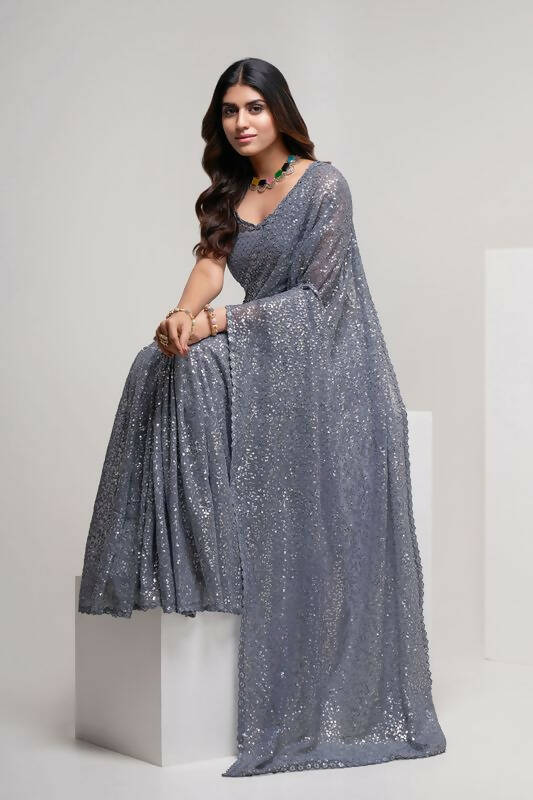 Aastha Fashion Women's Grey Thread & Multi Sequins Embroidery Work Georgette Saree with Blouse - Grab2buy