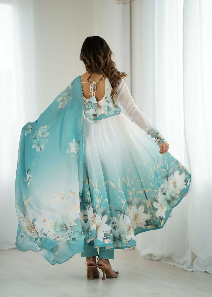 Joban Fashion Aqua Blue Kurta Set Organza Sequin Embroidery Work 