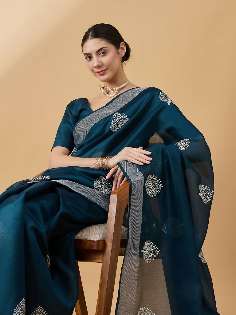 Teal Cotton Blend Thread Embroidered Saree with Unstitched Blouse - Satya