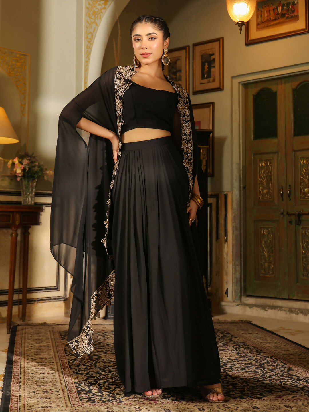 Janasya Black Georgette Solid Top Bottom Cape 