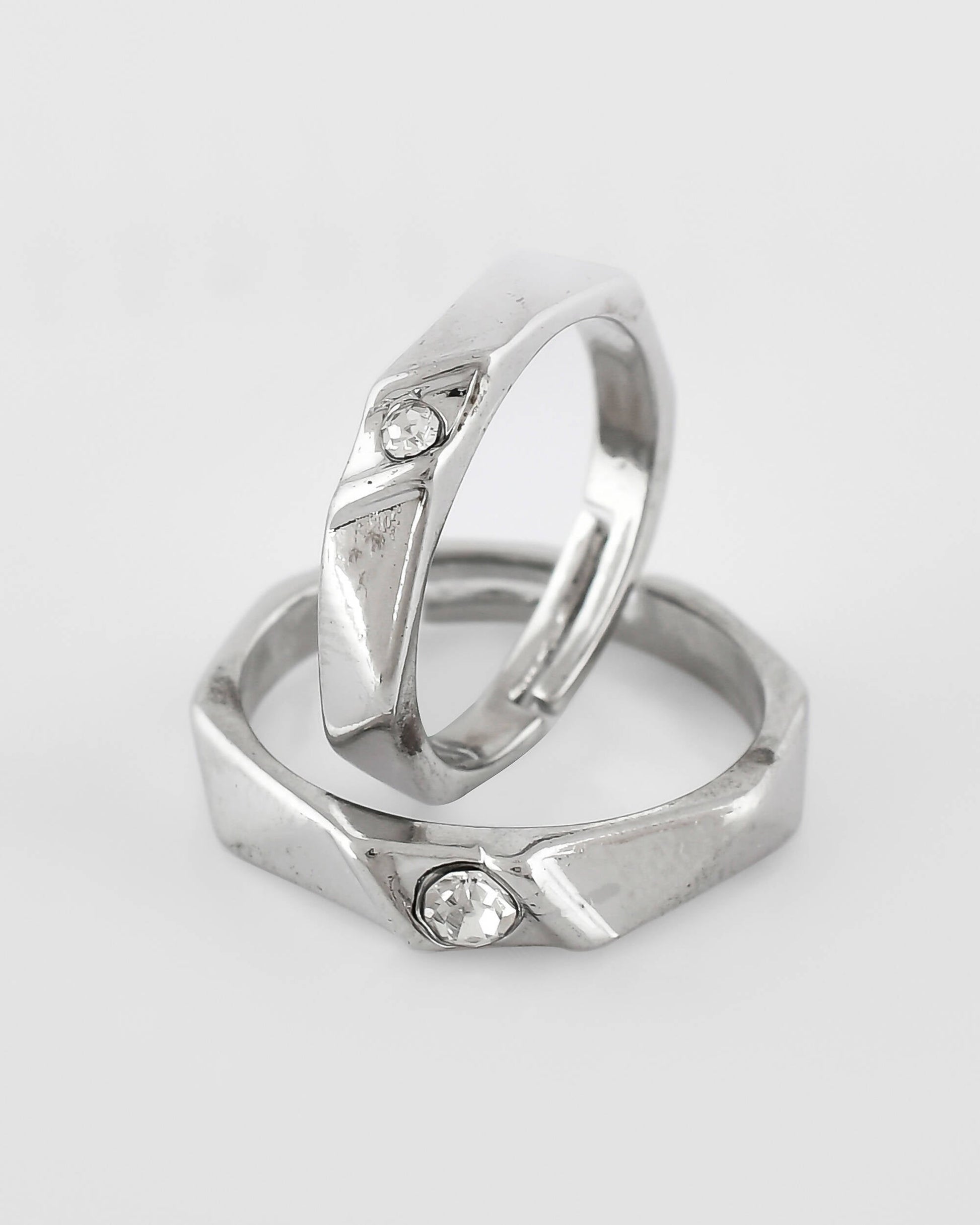VOJ Stainless Steel Cubic Zirconia Silver Plated Adjustable Ring Set for Couple 