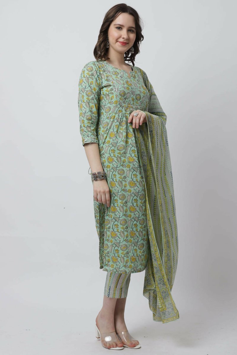 Aastha Fashion Women's Sea Green Cotton Jaipuri Printed Kurta with Trouser & Dupatta - Grab2buy