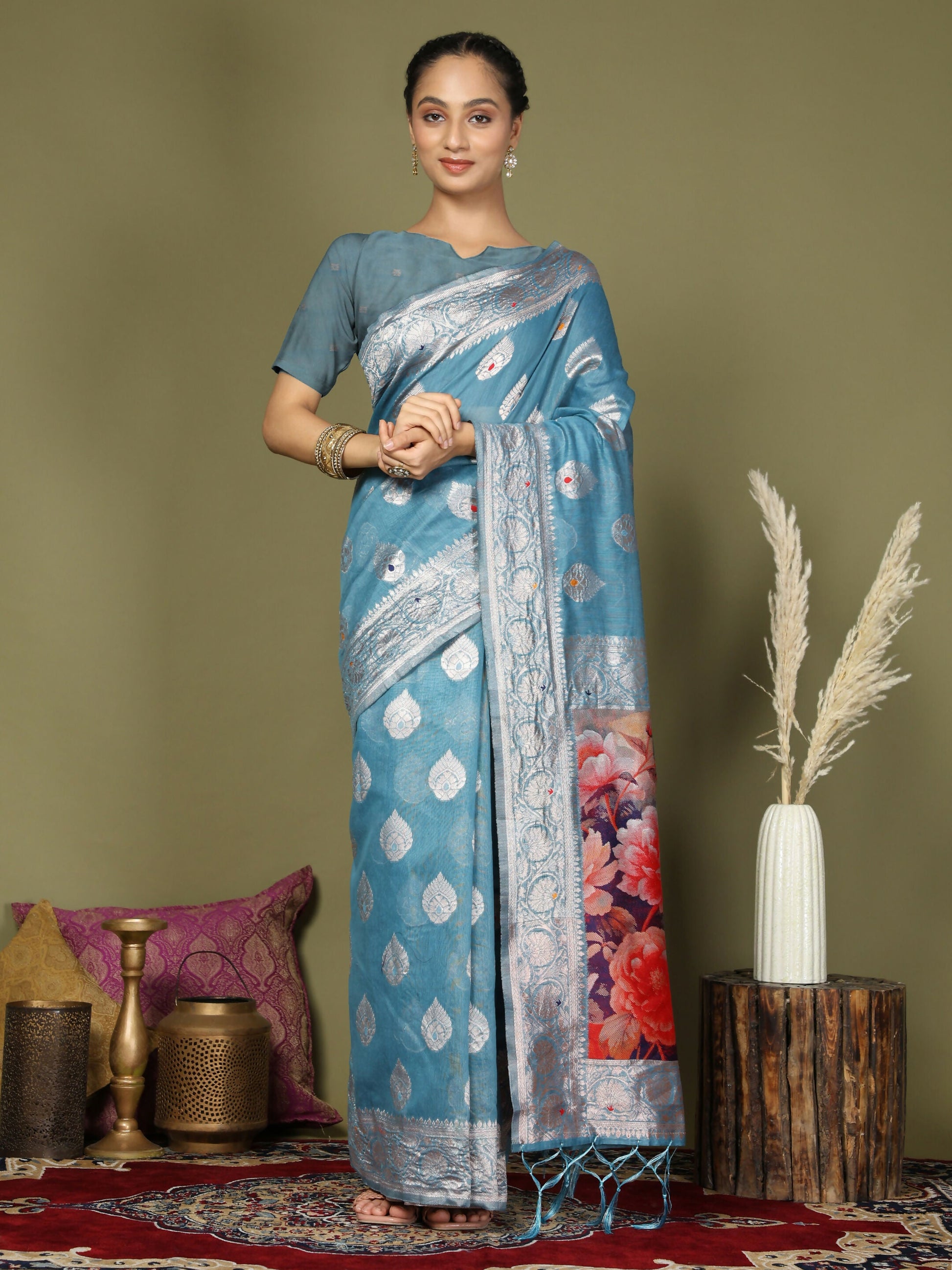 Shree Shyam Fashion Linen Cotton Sky Blue Saree
