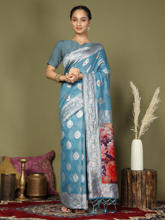 Shree Shyam Fashion Linen Cotton Sky Blue Saree