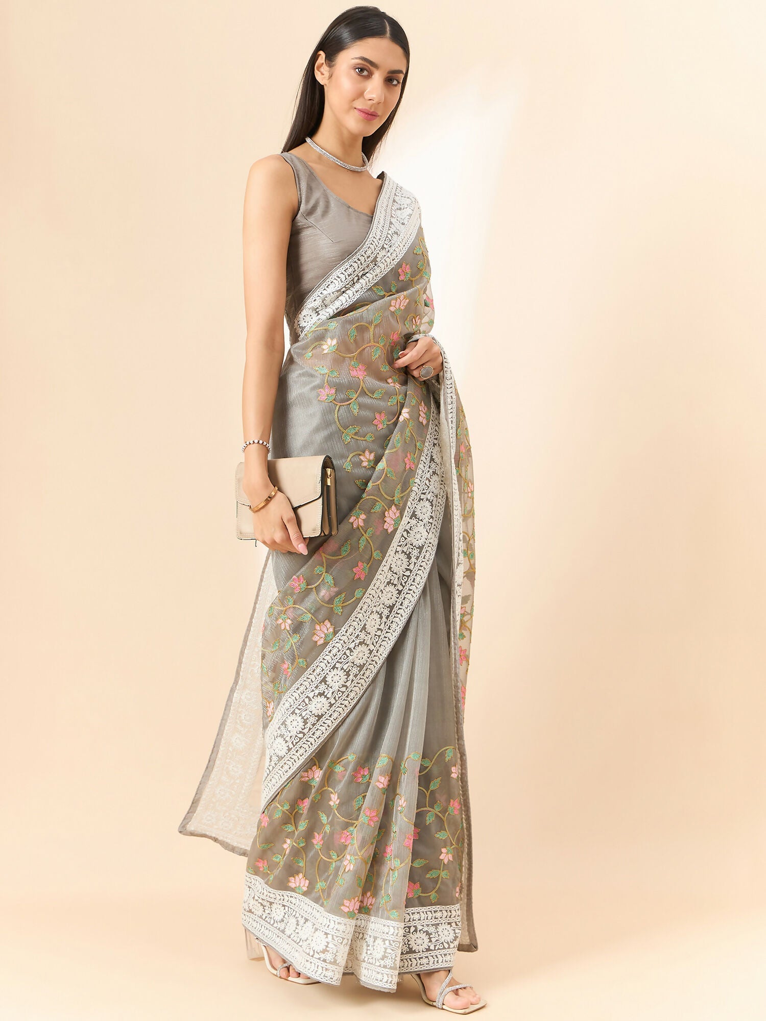 Grey Organza Floral Embroidered Saree with Unstitched Blouse Piece - Roozal