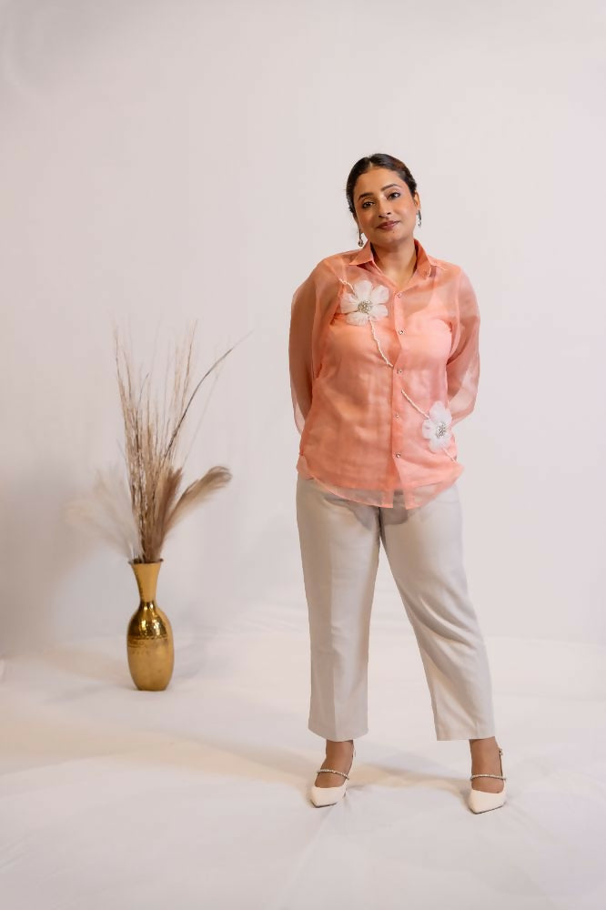 Timaraa Peach Coral Organza Shirt With Hand Embellished 3D Floral Motift  Grab2Buy Timaraa Grab2Buy