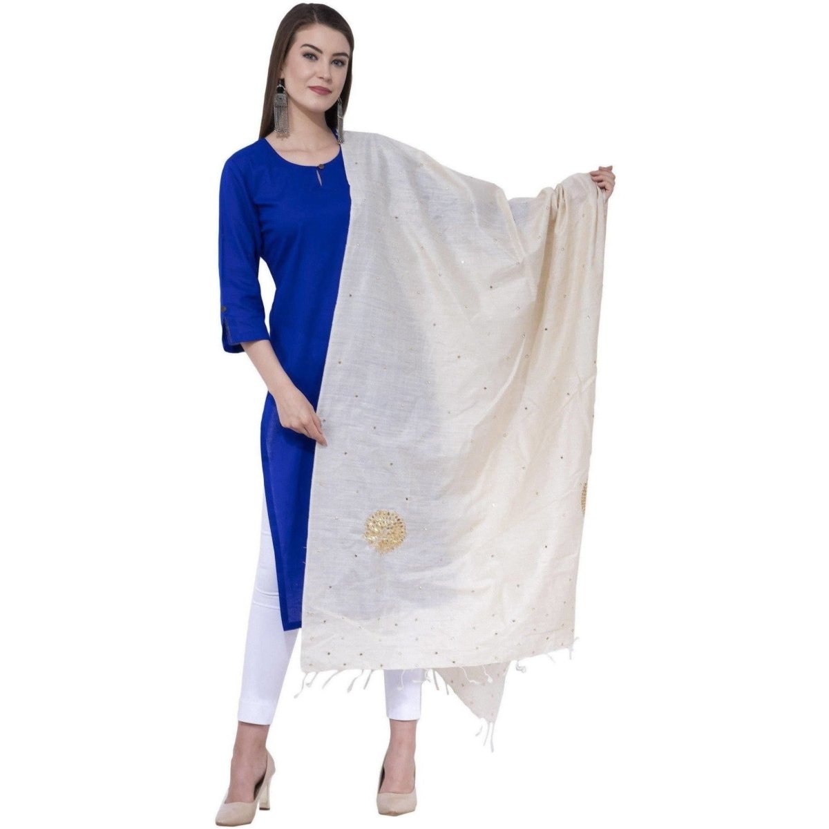 A R Silk Women's Zari Embroidery Pure Tussar Silk Light Golden Dupattas and Chunnis | Grab2Buy