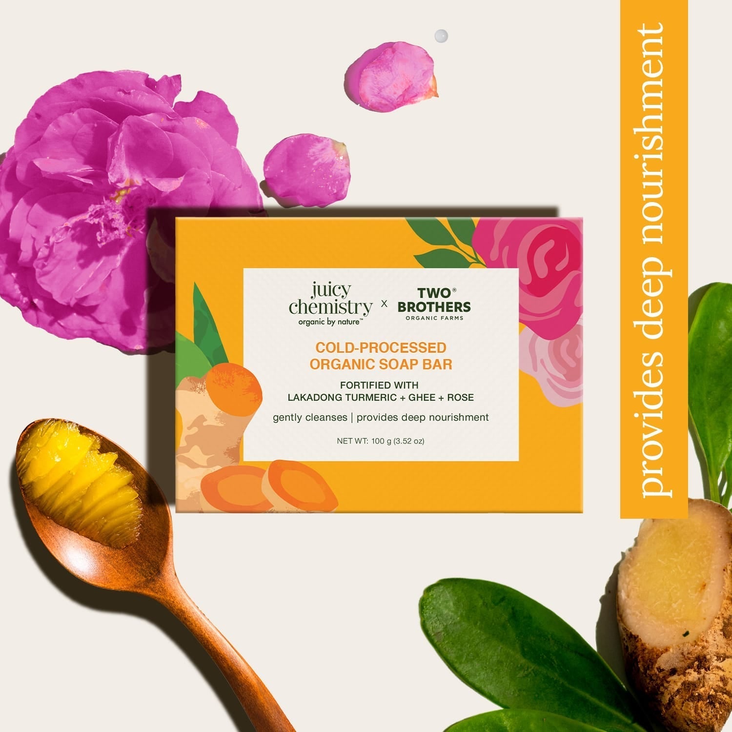 Cold-processed Organic Soap Bar Fortified with Lakadong Turmeric, Ghee & Rose 