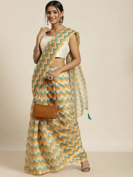 Green Organza Printed Saree With Blouse Piece - Nivaa