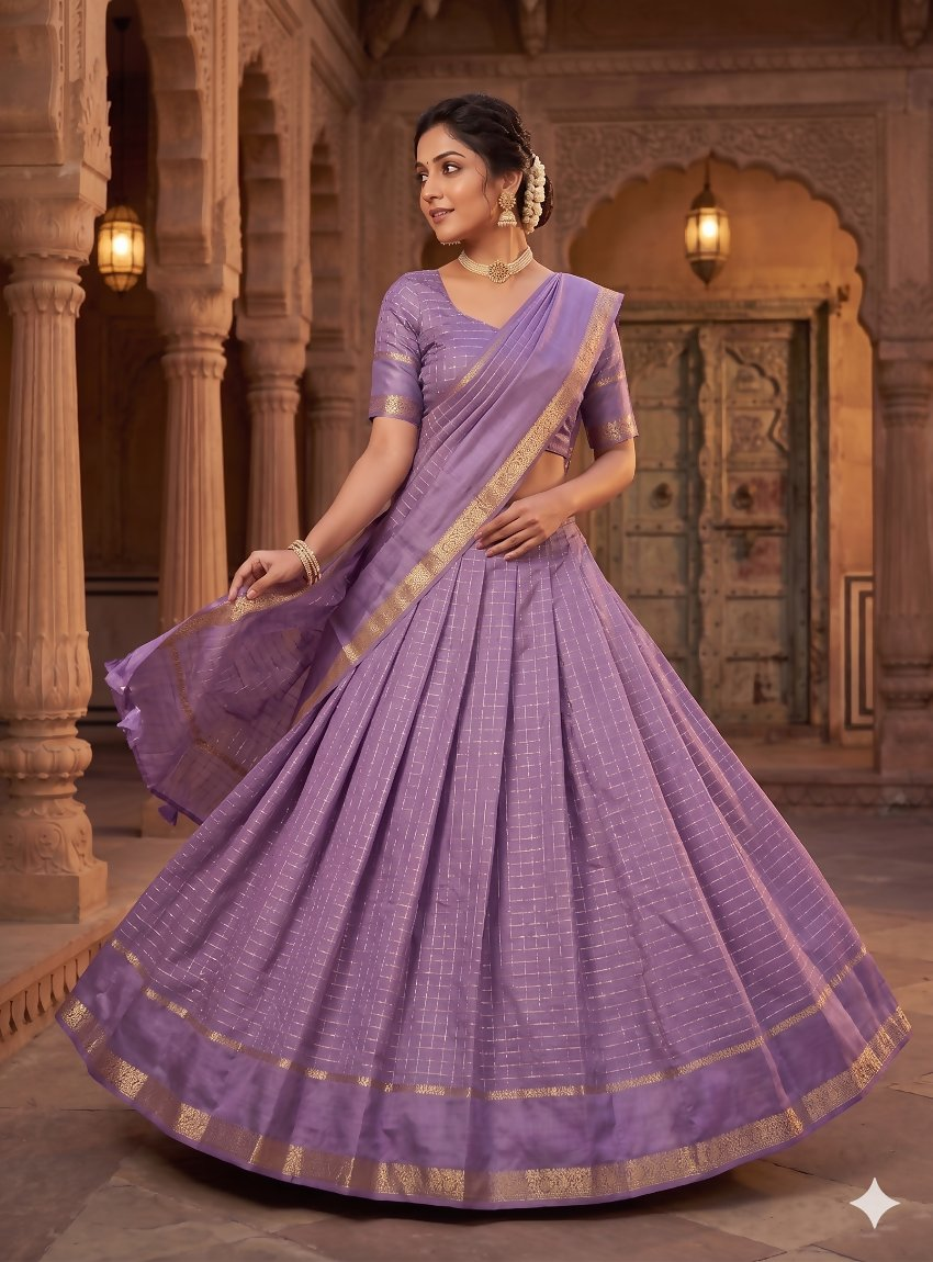 Teeya Creation New South Indian Silk Checked Half Saree Lehenga Choli with Zari Border-Lavender
