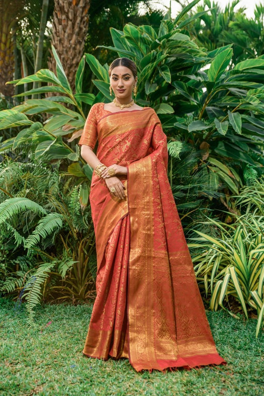 Aastha Fashion Women's Red Kanchipuram Silk Zari Woven Saree with Blouse - Grab2buy