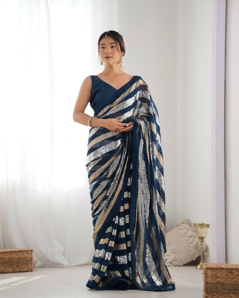 Petrol Georgette Sequance Embroidery Work Border Saree - Sitare