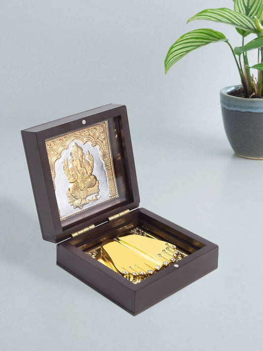 Golden Peacock Brown Wooden Ganesha Prayer Box 