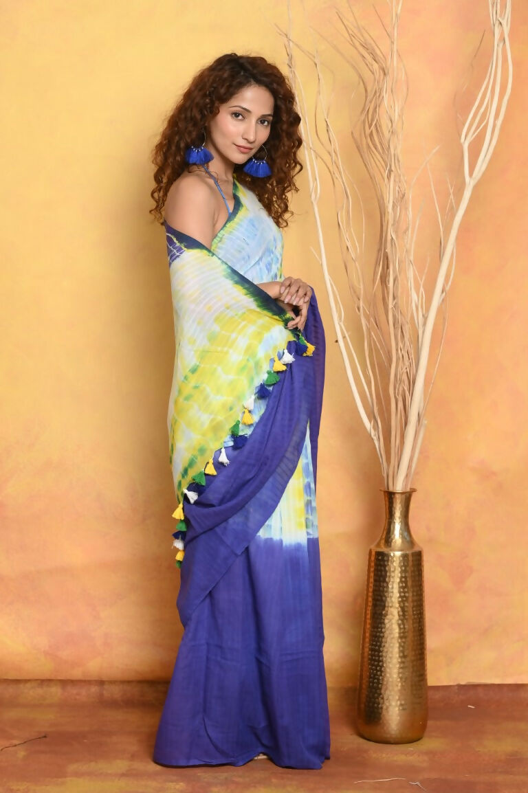 Very Much Indian Tie & Dye Handloom Mul Cotton Saree - Blue Green | Swadesiicart