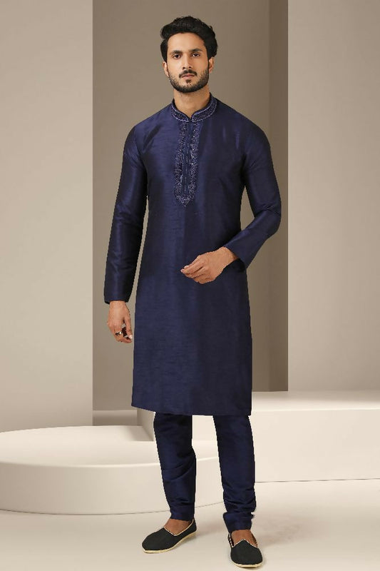 Raivat Ethnic Banarasi Art Silk Mirror Work Kurta Pajama In Navy Blue Colour