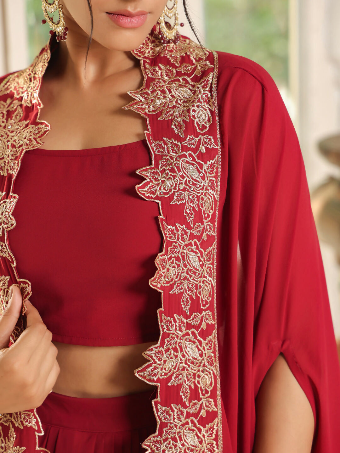 Janasya Maroon Georgette Solid Top Bottom Cape 