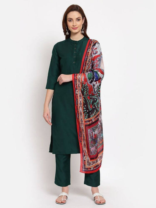 Myshka Women's Green Solid Cotton 3/4 Sleeve Mandarin Neck Casual Kurta Pant Dupatta Set