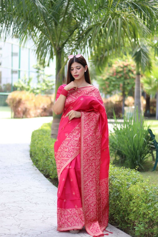 Aastha Fashion Rani Pink Woven Handloom Raw Silk Saree with Blouse - Grab2buy