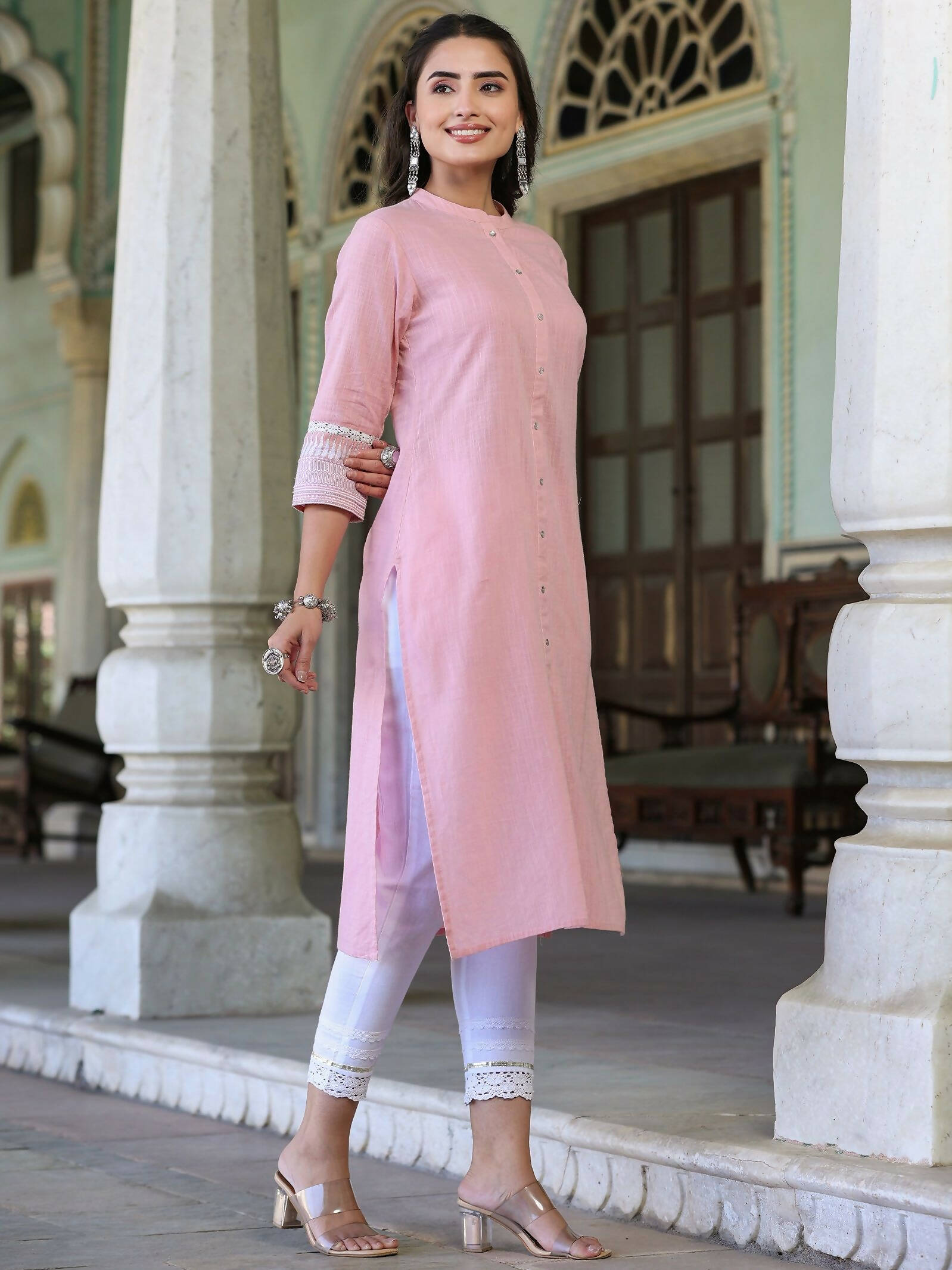 Juniper Women's Pink Cotton Slub Embroidered Straight Kurta