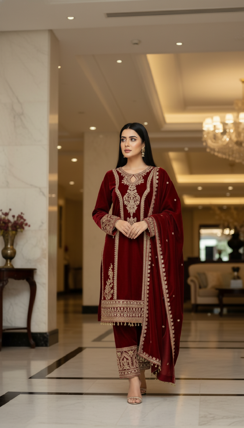 Joban Fashion Maroon Velvet Embroidery Sequence Work Readymade Kurta Set