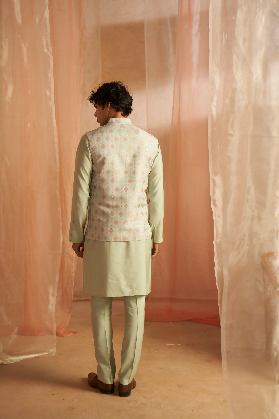 Pista Viscose Designer Printed Men's Kurta Set with Koti - Mahotsav