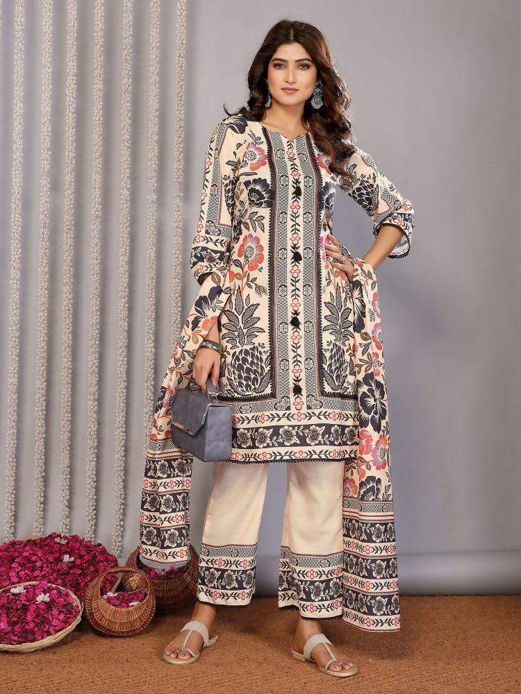 Joban Fashion Women Cream Linen Printed Stitched Kurta Set