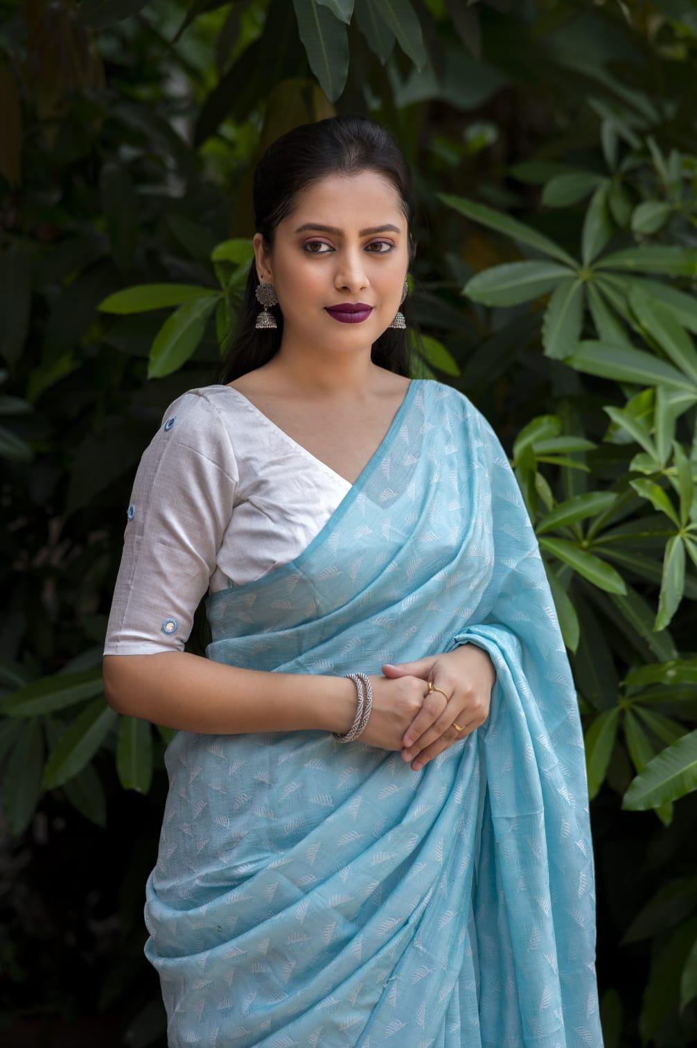 Sky Blue Poly Georgette Woven Design Saree with Unstitched Blouse - A2M