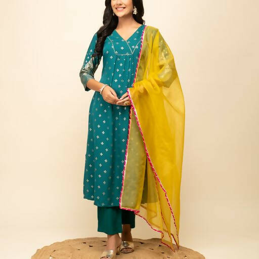FIORRA Women's Teal Blue Crepe A-Line Kurta Pant with Dupatta 