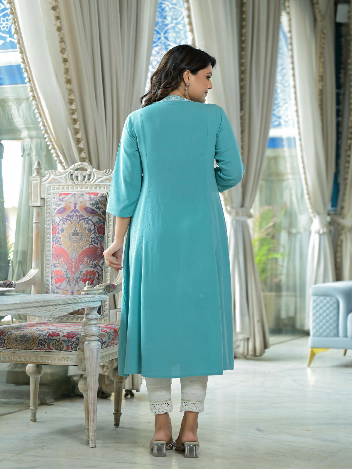 Juniper Women's Sky Blue Thread Embroidered Liva Rayon Kurta With Mirror Work