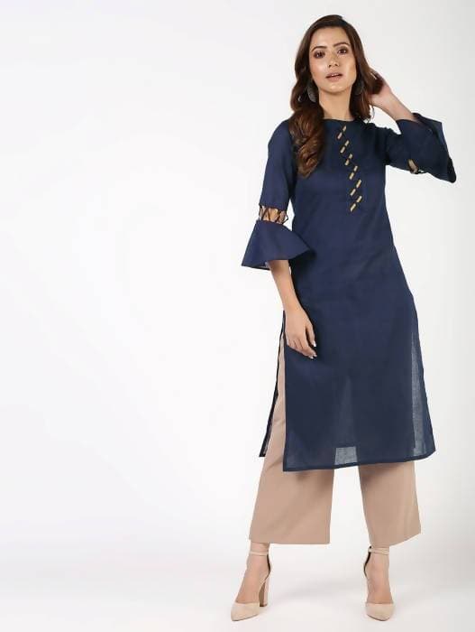 Aniyah Cotton Criss Cross Bell Sleeves Navy Blue Straight Kurta (AN-145K) | Grab2Buy