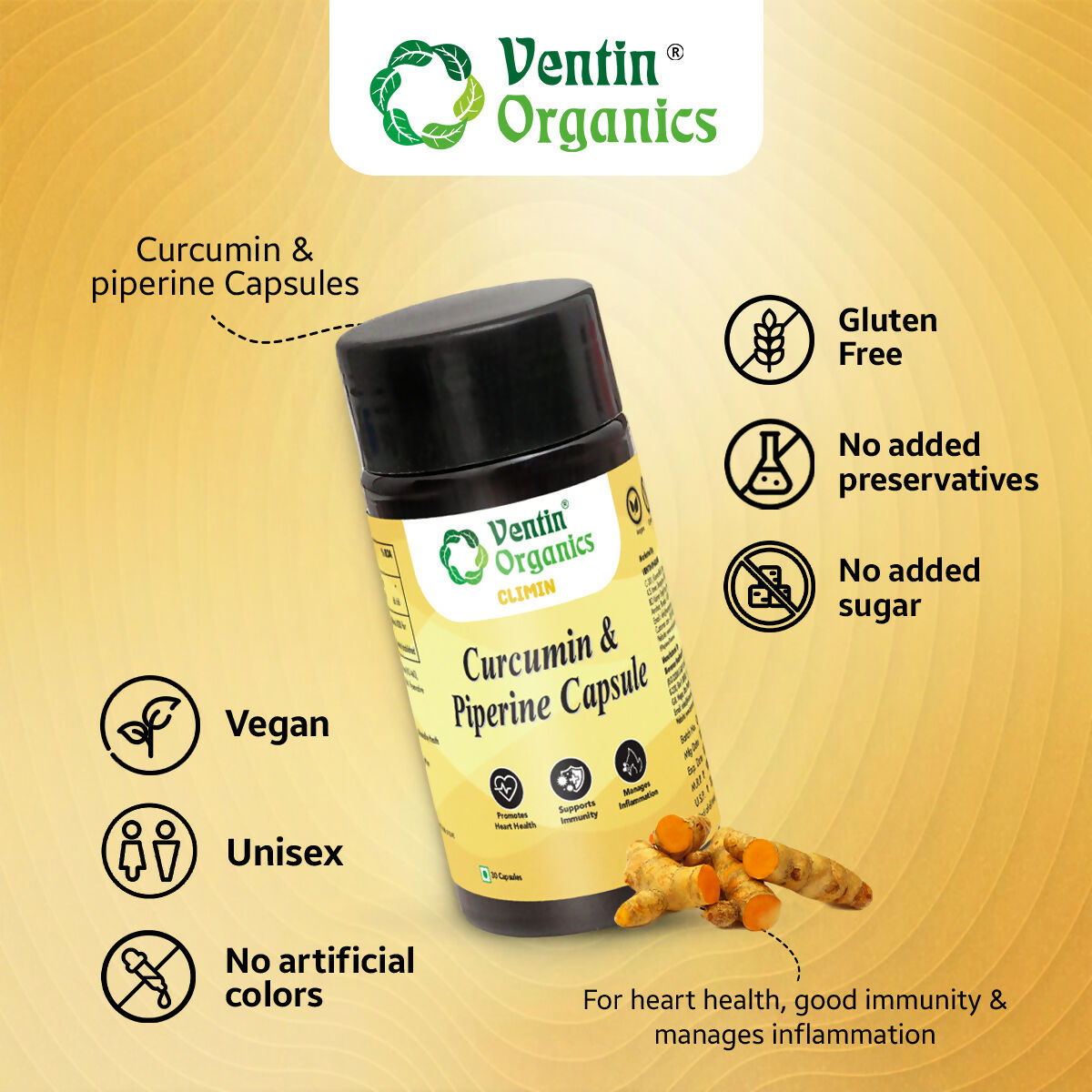 Ventin Organics Climin Curcumin with Piperine Capsules 