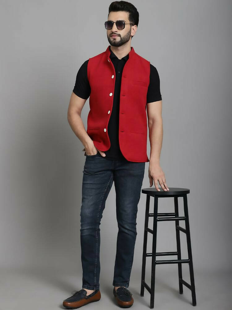 Even Apparels Nehru Jacket With Welt Pockets - Red 