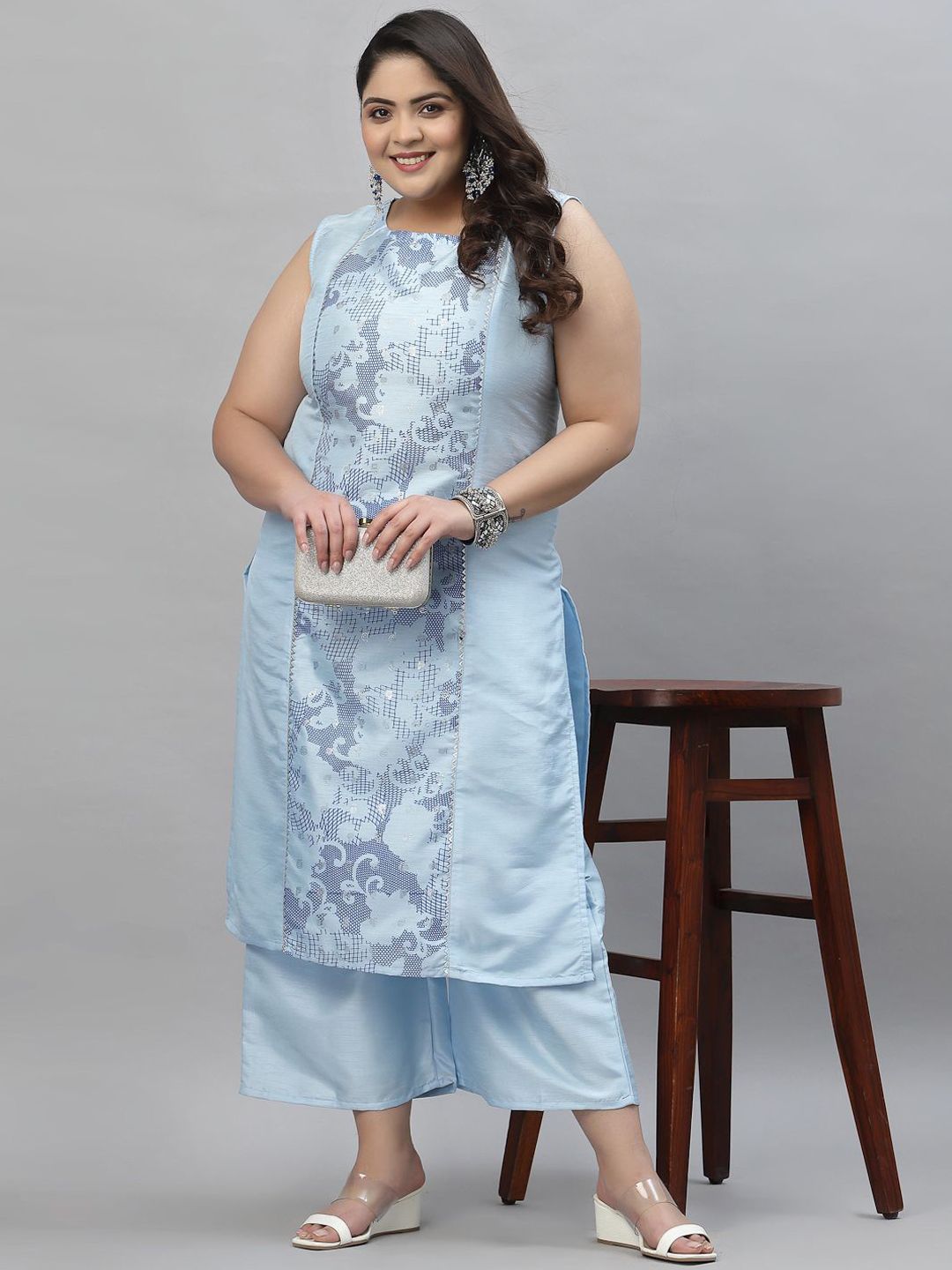 Sztori Plus Size Printed Gotta Patti Straight Kurta with Palazzos