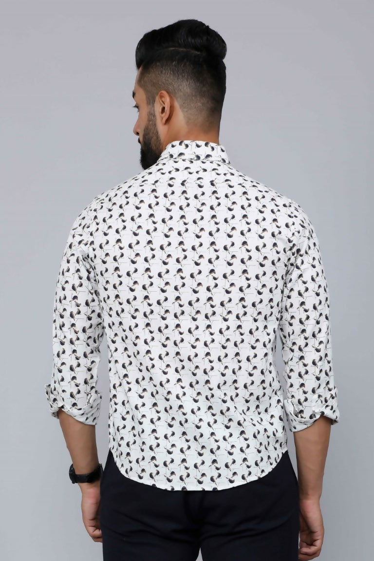 Miravan Men's White Spread Collar Bird Print Casual Shirt 
