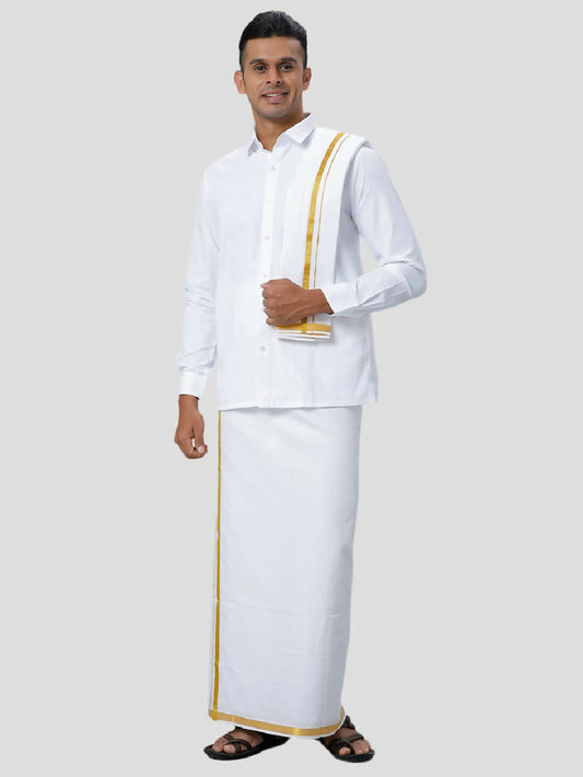 Ramraj Cotton Mens Poly Cotton 1" Gold Jari Dhoti With Towel Set - White