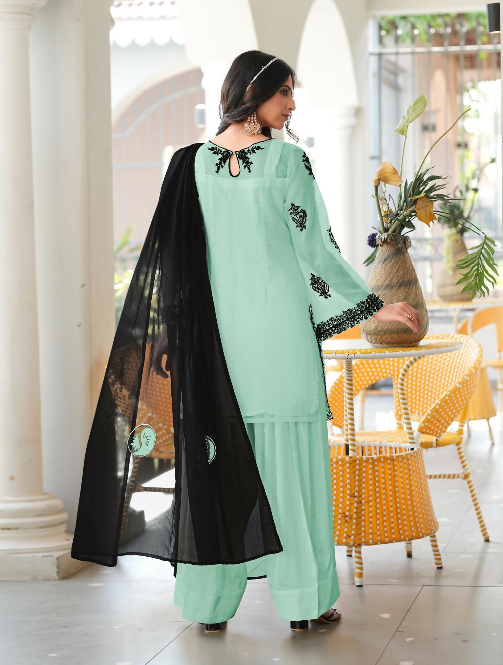 Nikhaar Light Green Embroidered Organza Stitched Straight Cut Kurta Farshi Salwar Dupatta Readymade Suit