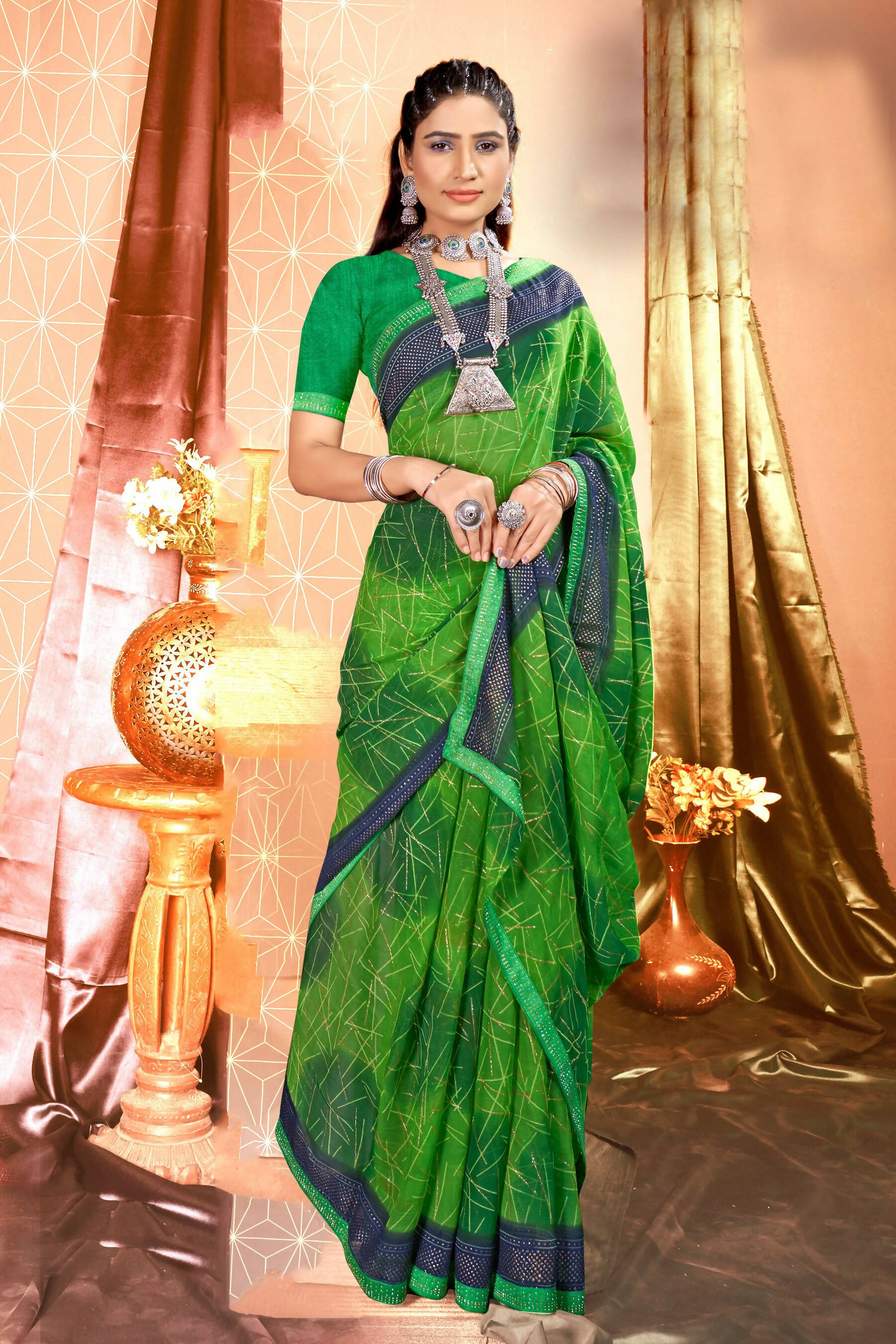 Green Chiffon Abstract Printed Saree With Unstitched Blouse Piece - Rajal