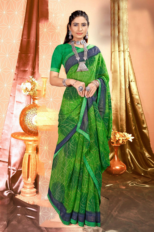 Green Chiffon Abstract Printed Saree With Unstitched Blouse Piece - Rajal