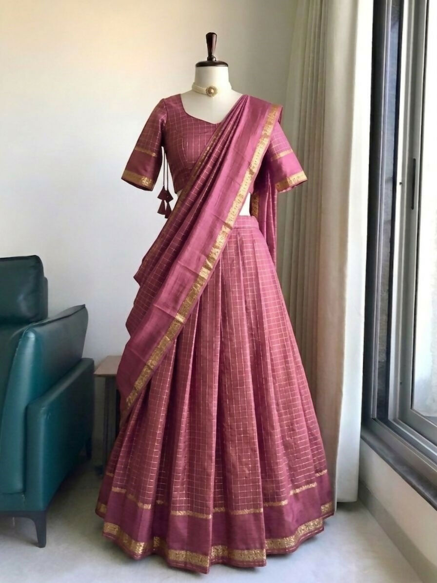 Teeya Creation New South Indian Silk Checked Half Saree Lehenga Choli with Zari Border-Pink