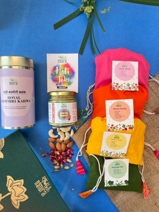 Shuddh Natural Ubtan Based Herbal Gulal, Ayurvedic Thandai Powder, Kashmiri Kahwa | Holi Gift Hamper 