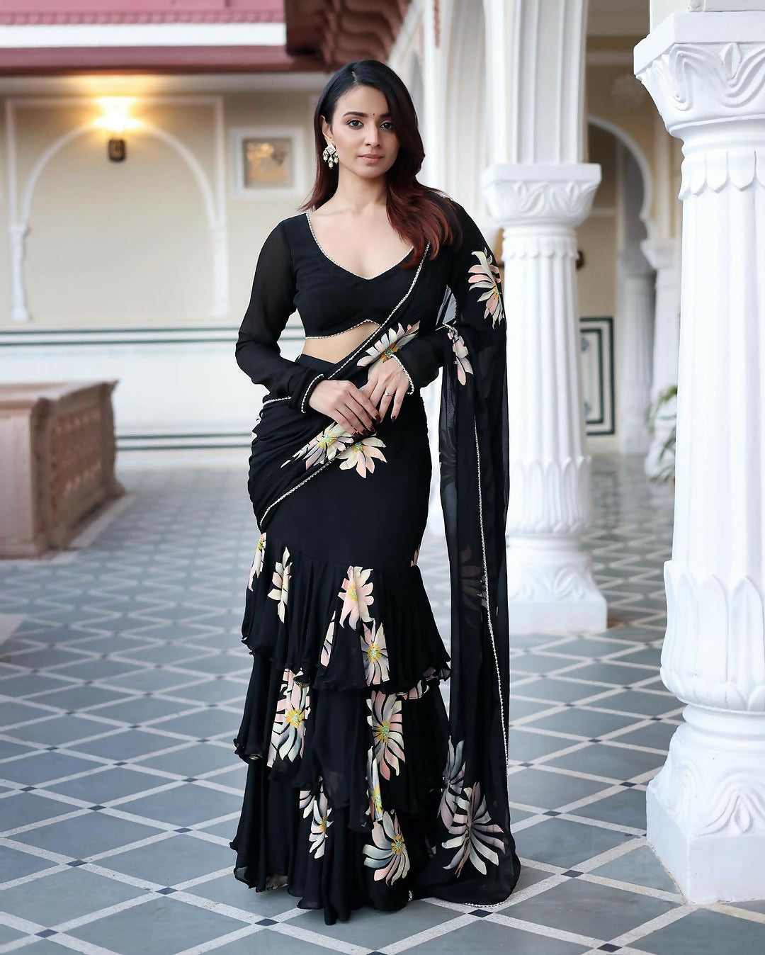 Exclusive Collection Black Party Wear Ruffle Georgette Grab2Buy 