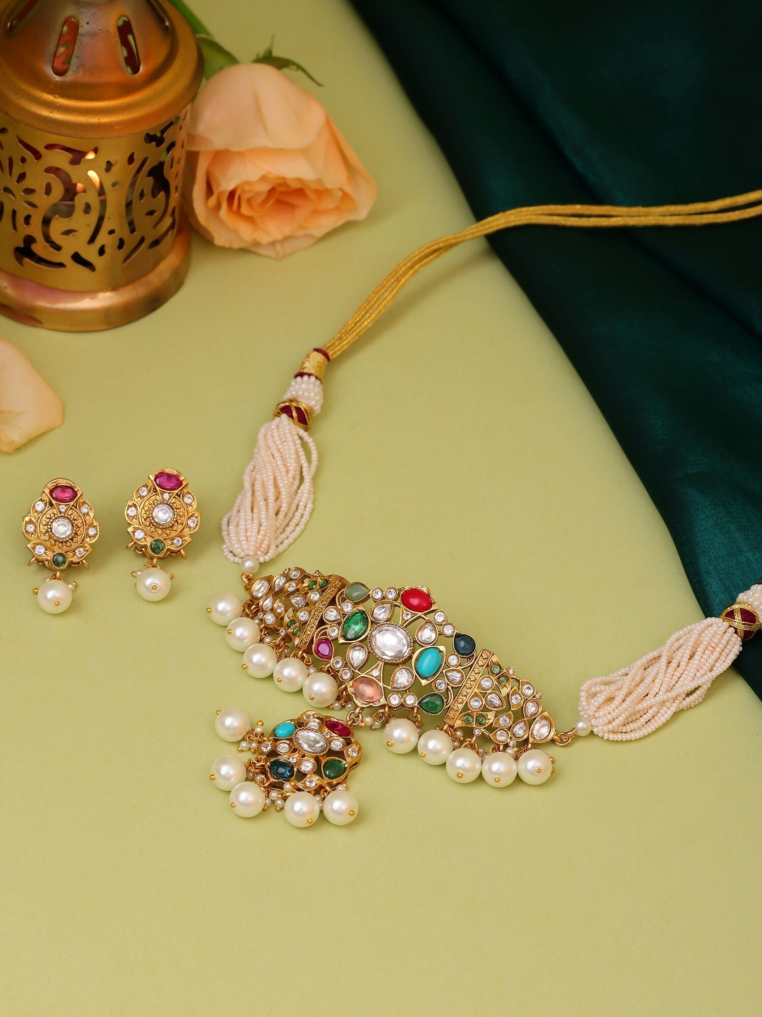 Ruby Raang Gold Polished Kundan Work Multi-Color Navratan Kundan Choker With Stud Earrings | Swadesiicart