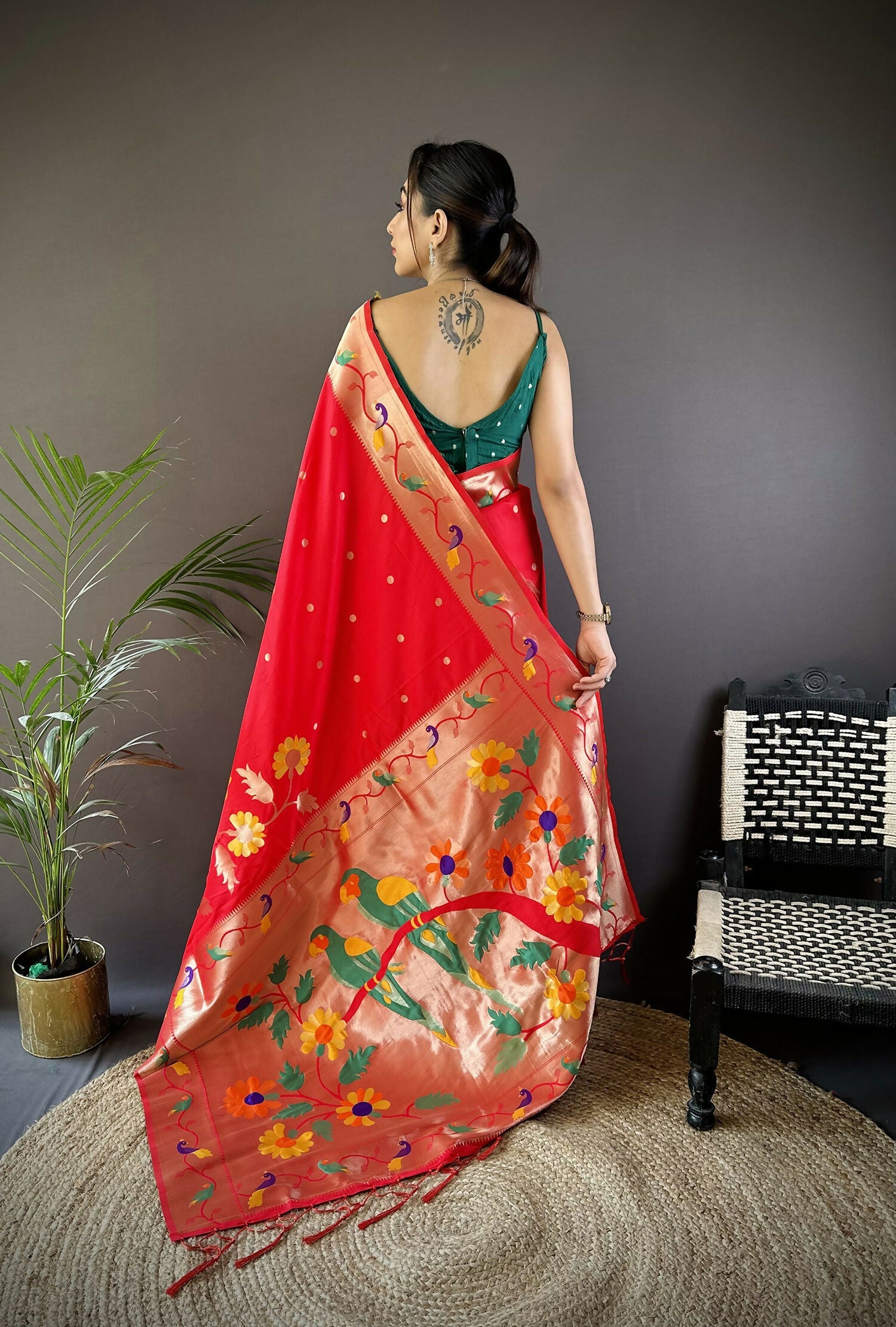 Joban Fashion Red Zari Woven Floral Motifs Soft Silk Paithani Silk Saree