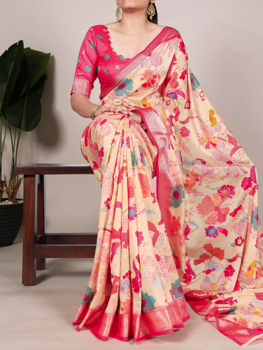 Vastranavya Cream Tussar Silk Printed with Viscose Border Grab2Buy with Unstitched Blouse  Grab2Buy Vastranavya Grab2Buy