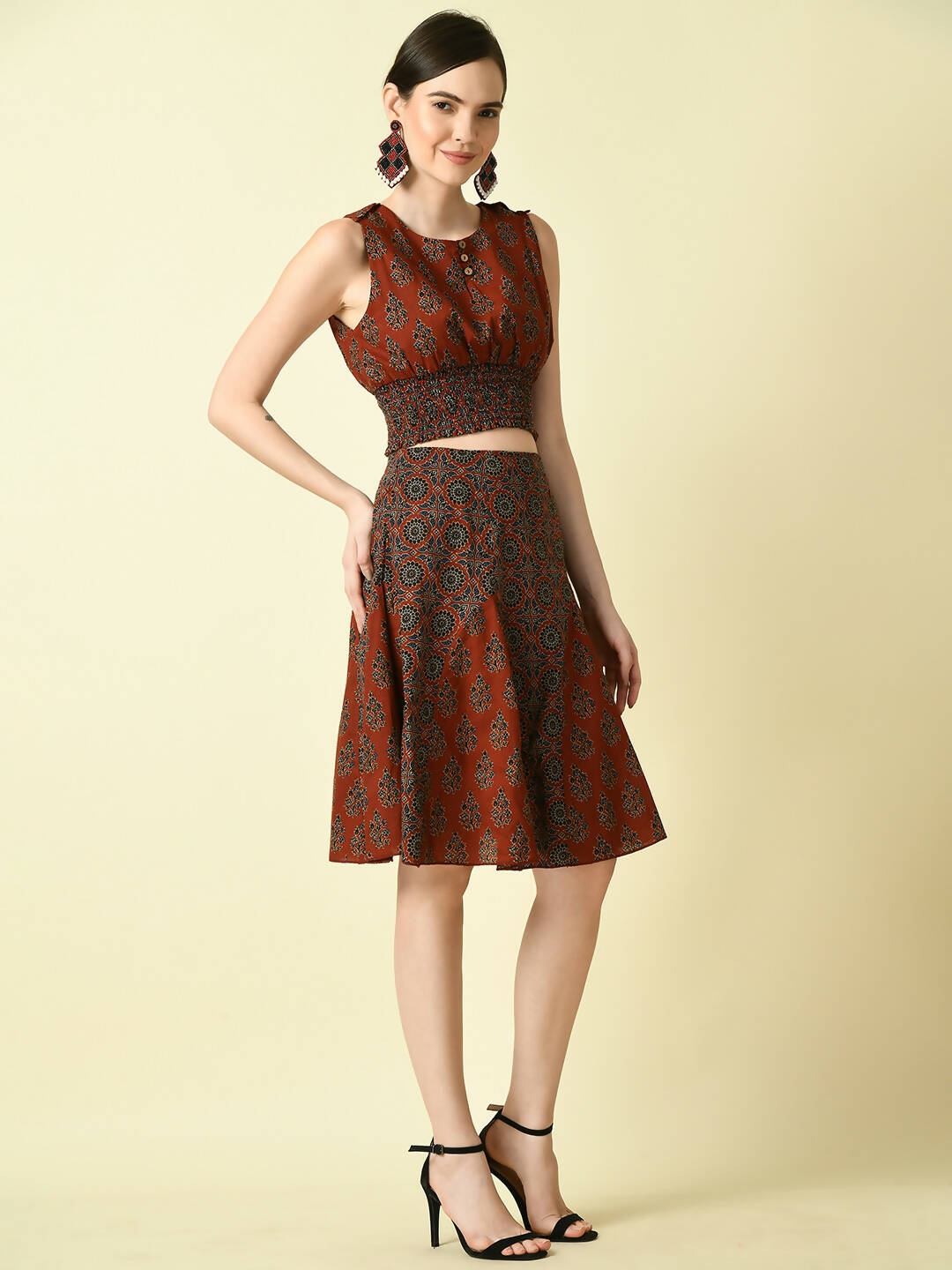 Myshka Women's Rust Round Neck Top With Skirt