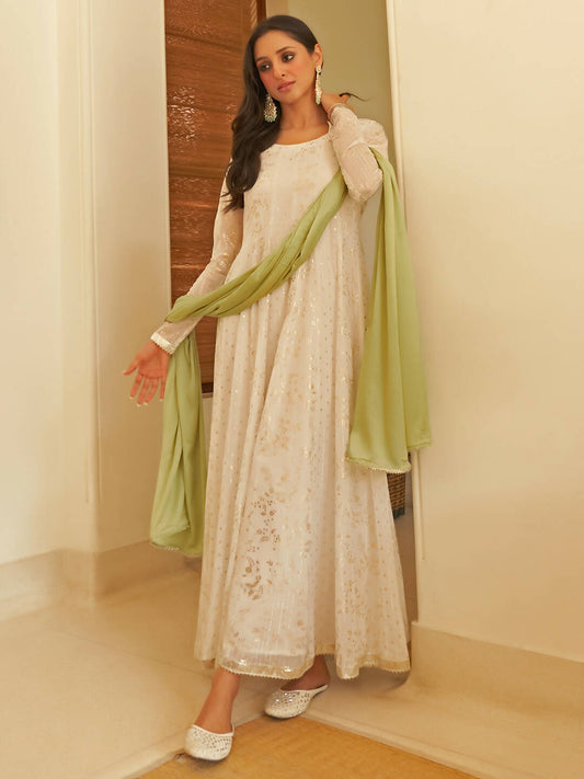 Janasya Women's White Chiffon Lurex Foil Printed Festive Anarkali Kurta Set 