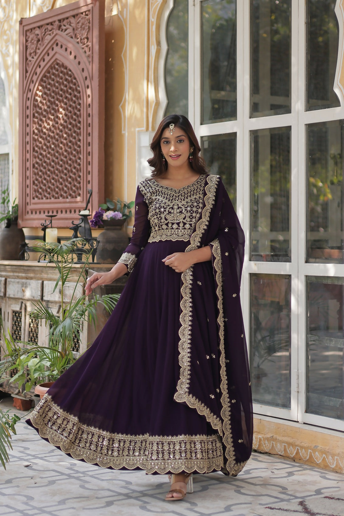 Joban Fashion Wine Georgette Sequence Embroidery Work Kurta Set