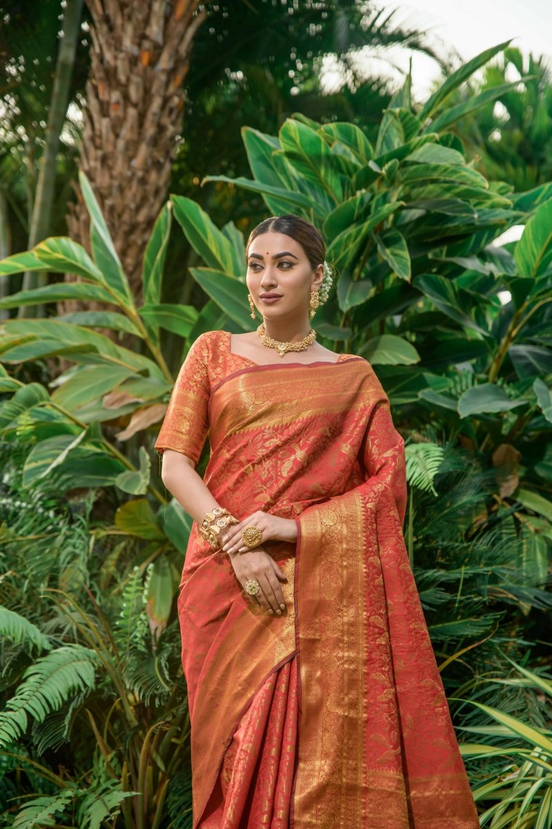 Aastha Fashion Women's Red Kanchipuram Silk Zari Woven Saree with Blouse - Grab2buy