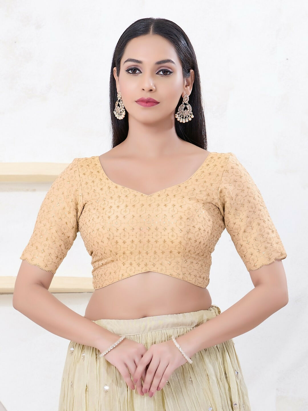 Joban Fashion Light-Gold Tissue Elbow Sleeveless Back Open Blouse | Grab2Buy