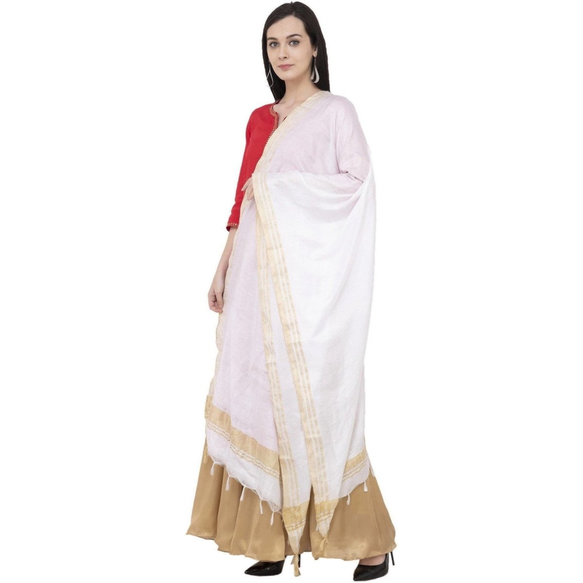 A R Silk Golden Border Regular Dupatta Color White Dupatta or Chunni 